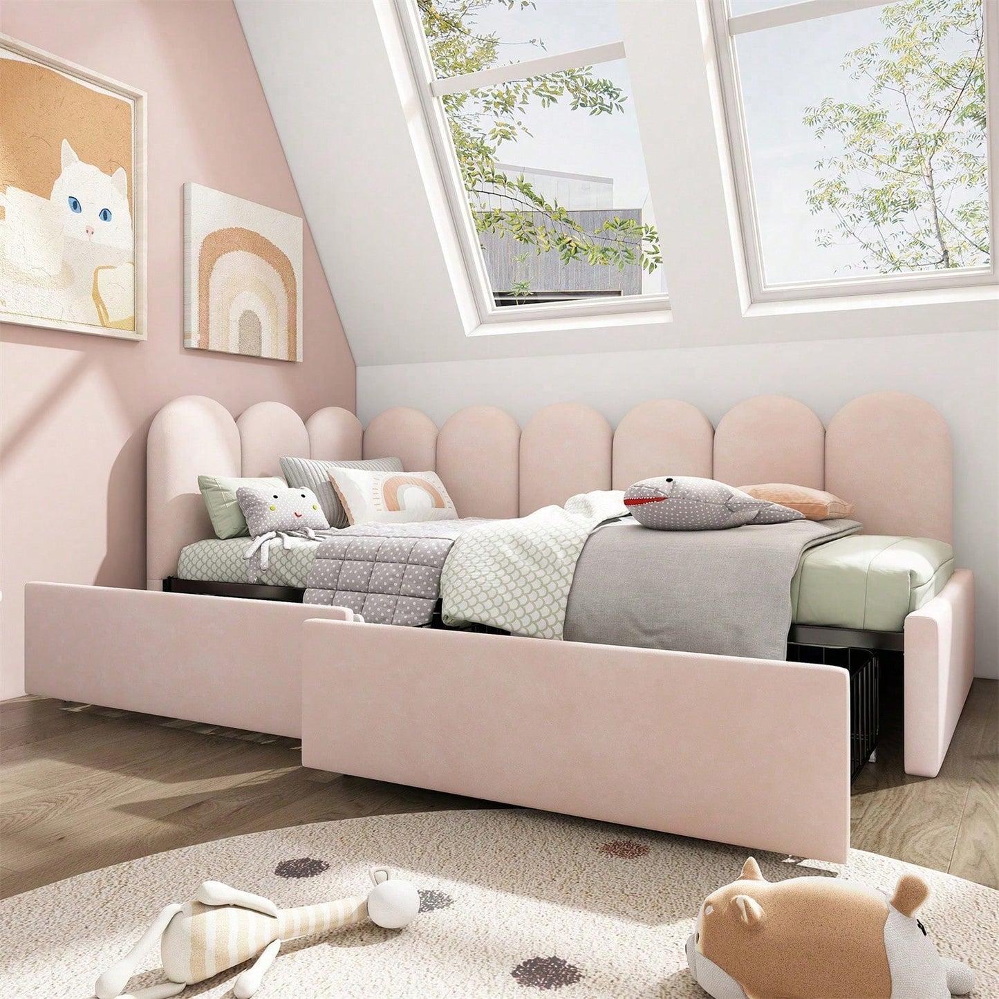 Polsterbett Einzelbett mit Schubladen Stauraumbett Samt Daybett Tagesbett Schlafsofa 90x200cm mit Lattenrost Jugendbett und Erwachsene Kinderbett,Rosa