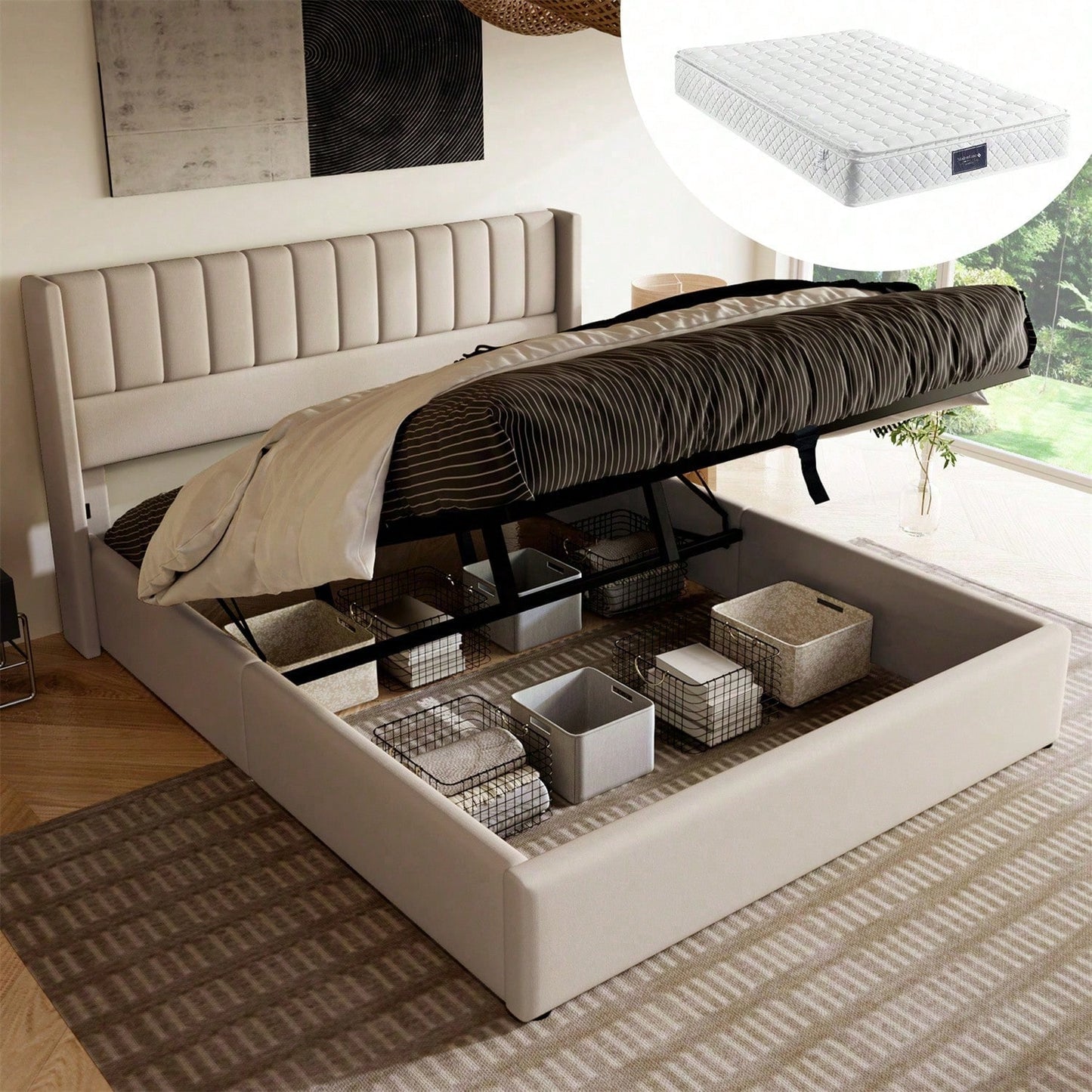 Stauraumbett Polsterbett Hydraulisch Doppelbett 160x200cm, Lattenrost aus Holz, Bett mit Lattenrost aus Metallrahmen, Leinen, Beige