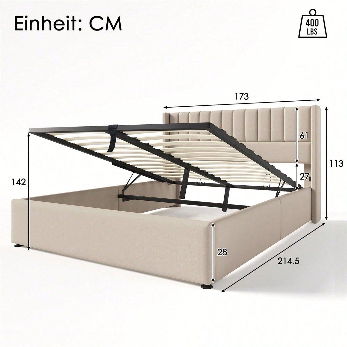 Stauraumbett Polsterbett Hydraulisch Doppelbett 160x200cm, Lattenrost aus Holz, Bett mit Lattenrost aus Metallrahmen, Leinen, Beige