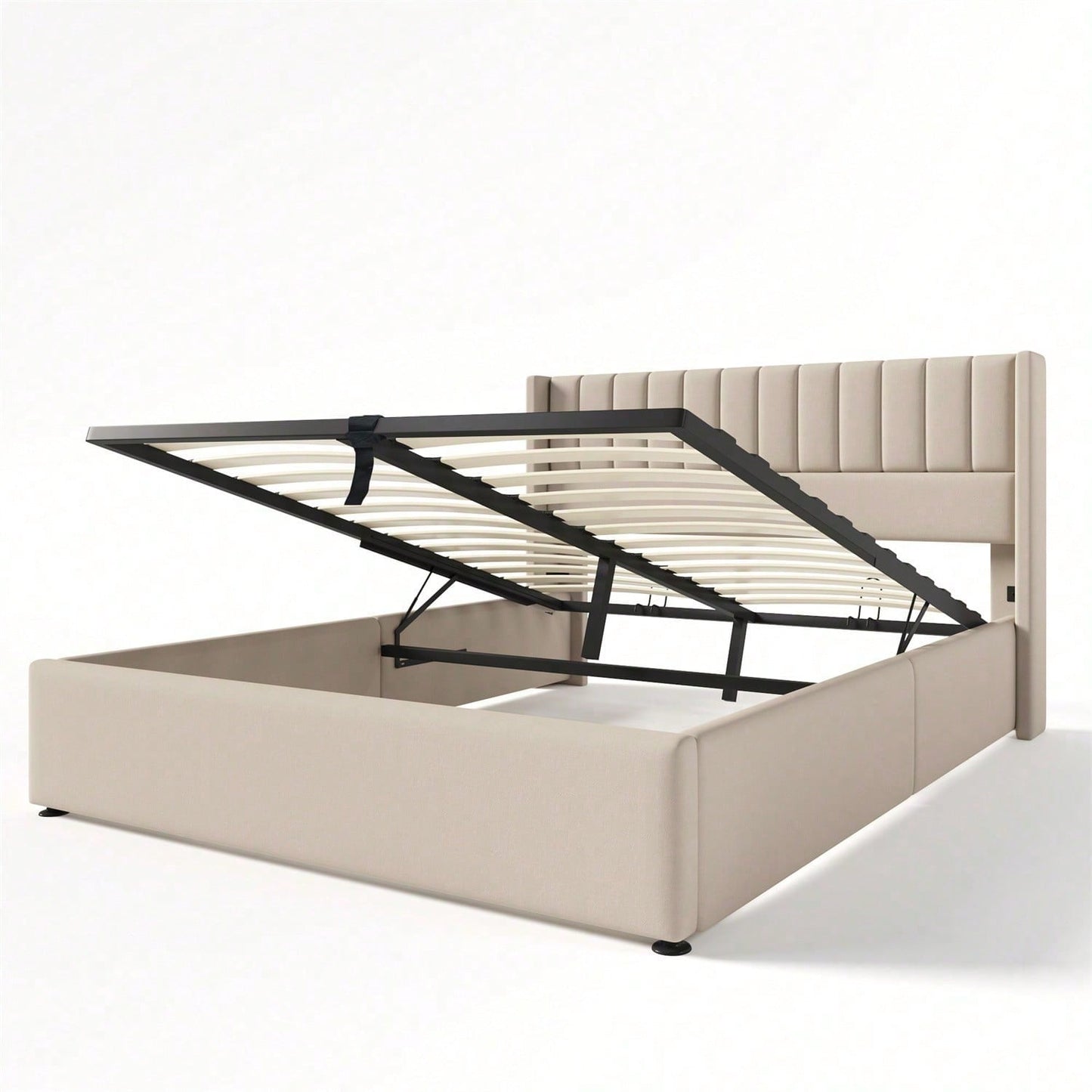 Stauraumbett Polsterbett Hydraulisch Doppelbett 160x200cm, Lattenrost aus Holz, Bett mit Lattenrost aus Metallrahmen, Leinen, Beige