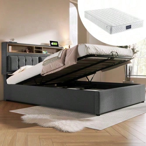 Polsterbett Doppelbett mit USB C Steckdose Ladefunktion Kopfteil,Stauraumbetten Bettgestell aus Leinenmaterial Jugendbett 140x200 mit lattenrost
