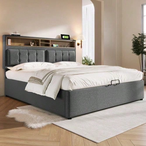 Polsterbett Doppelbett mit USB C Steckdose Ladefunktion Kopfteil,Stauraumbetten Bettgestell aus Leinenmaterial Jugendbett 140x200 mit lattenrost