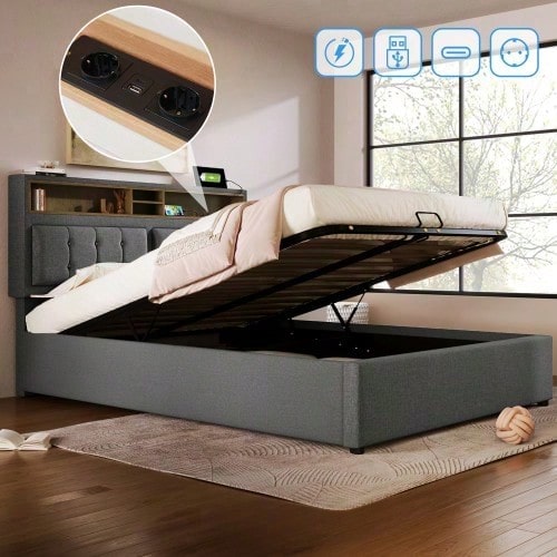 Polsterbett Doppelbett mit USB C Steckdose Ladefunktion Kopfteil,Stauraumbetten Bettgestell aus Leinenmaterial Jugendbett 140x200 mit lattenrost