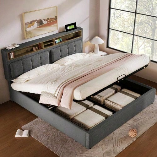 Polsterbett Doppelbett mit USB C Steckdose Ladefunktion Kopfteil,Stauraumbetten Bettgestell aus Leinenmaterial Jugendbett 140x200 mit lattenrost