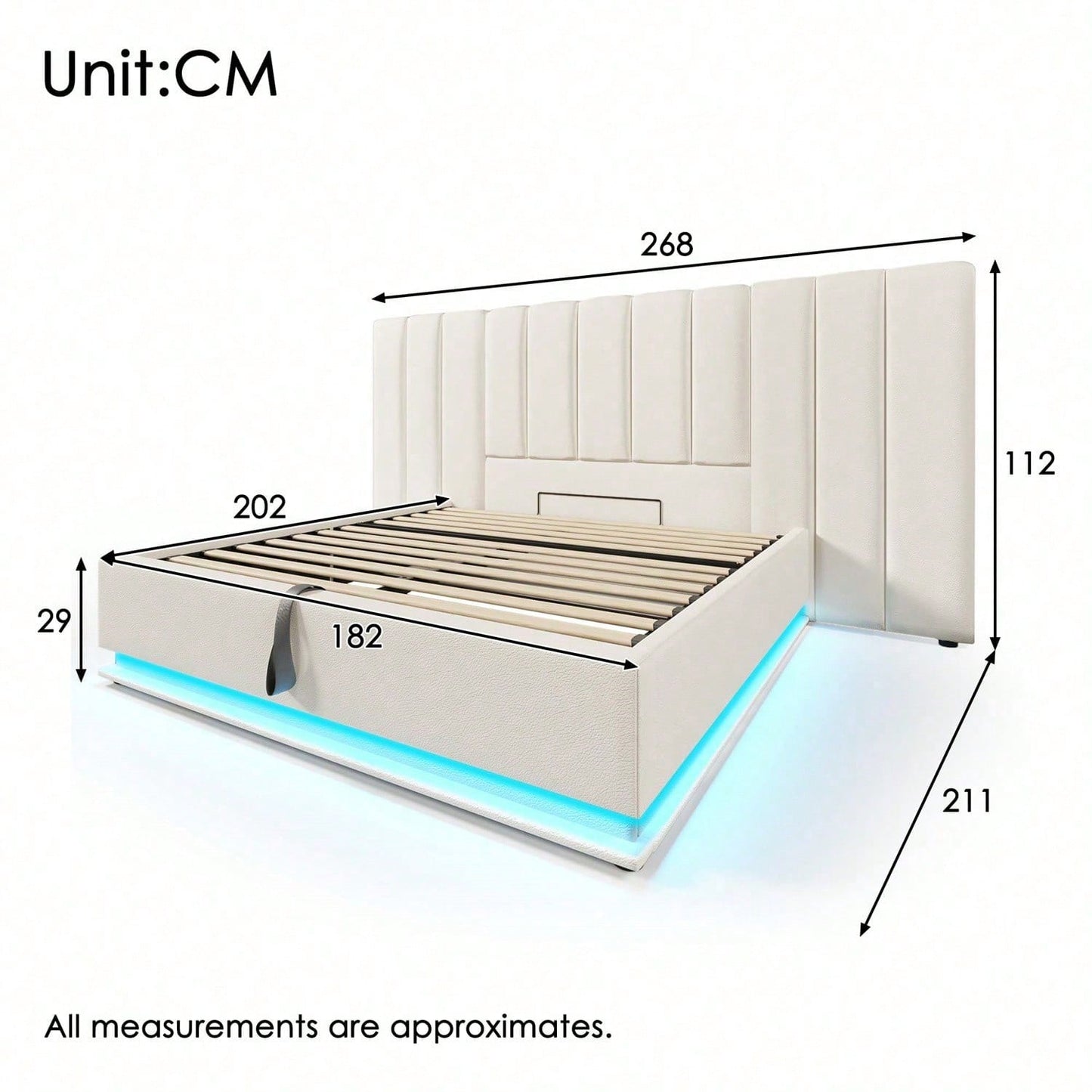 Polsterbett 180*200, Doppelbett Stauraumbett mit App Control LED und USB-C Ladefunktion, Bettgestell mit Lattenrost, PU, Weiß, Ohne Matratze und Nachttisch