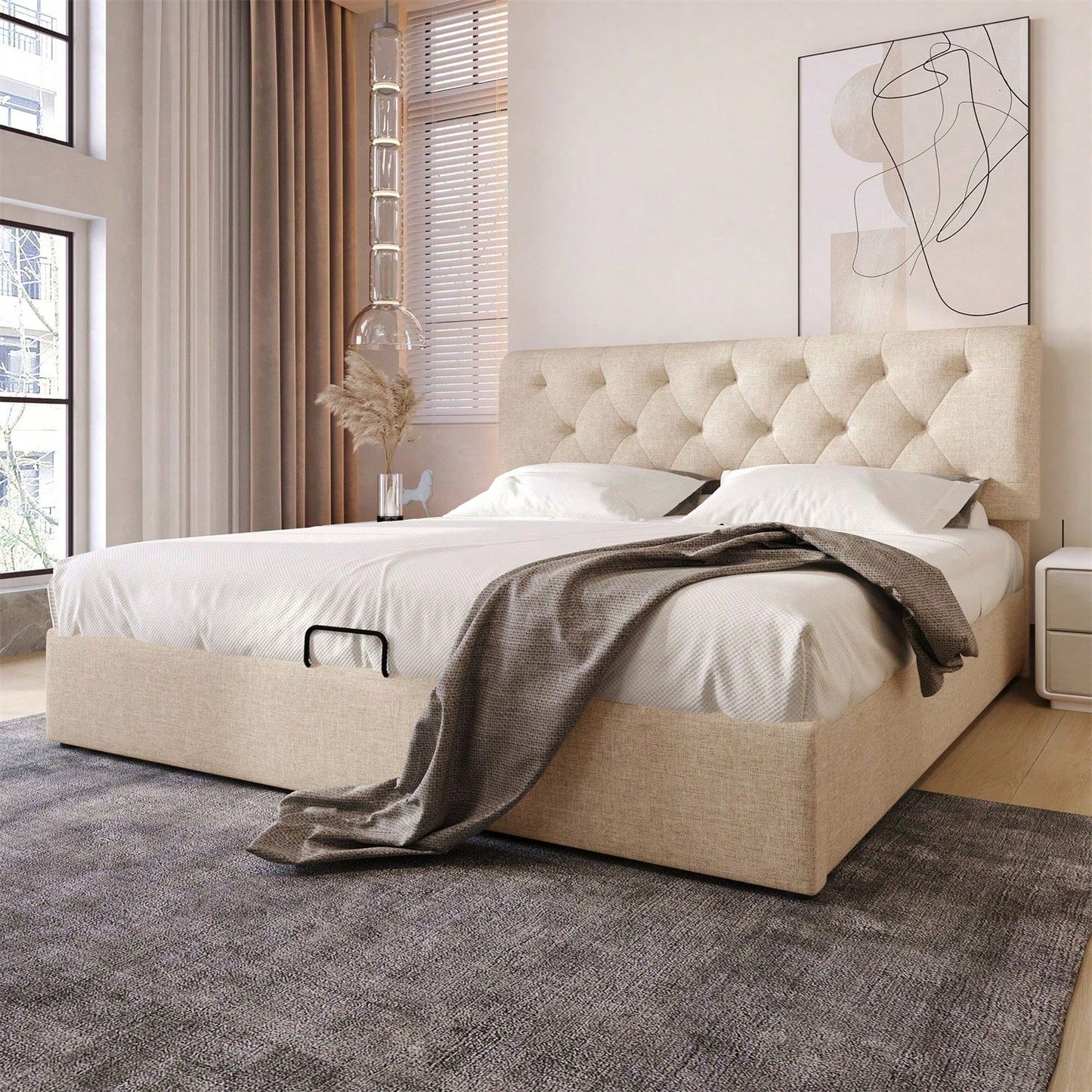 )Hydraulisch Doppelbett Polsterbett 160x200cm,Verstellbares Kopfteil, Bett mit Lattenrost aus Metallrahmen, Modernes Bettgestell mit Stauraum, Natürlich,Ohne Matratze