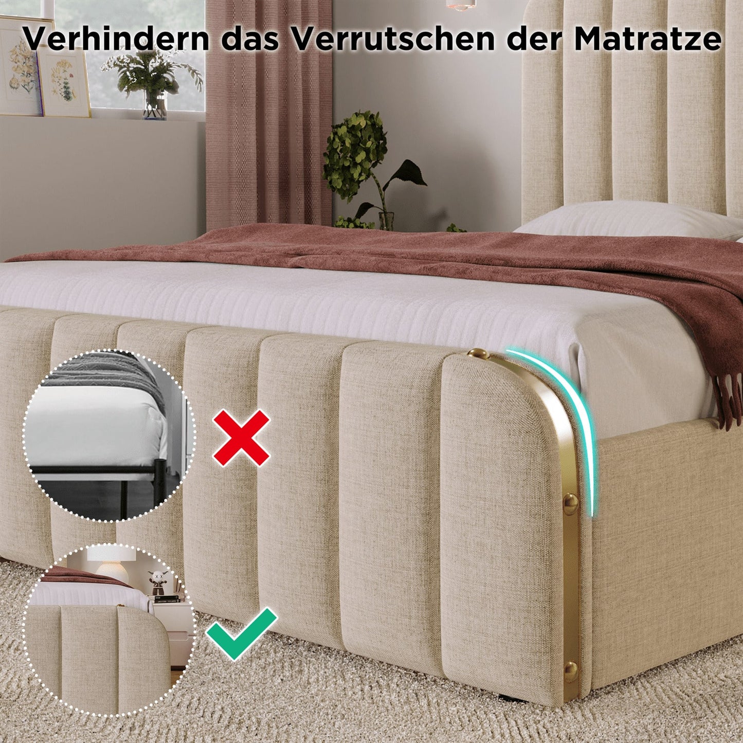 Polsterbett Doppeltes, gepolstertes Kopfteil mit goldenen Zierstreifen und ,USB Typ-C Ladefunktion 160*200 cm, Beige Leinen-Material mit 4 Schubladen ,Belastbarkeit 200 kg
