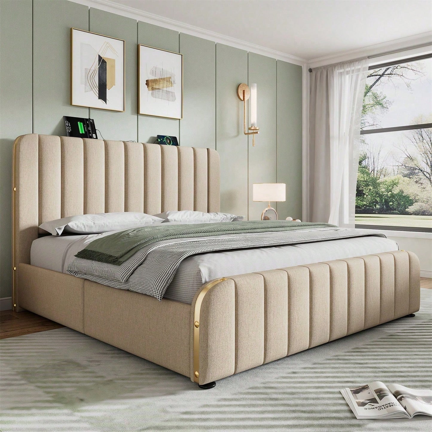 Polsterbett Doppeltes, gepolstertes Kopfteil mit goldenen Zierstreifen und ,USB Typ-C Ladefunktion 160*200 cm, Beige Leinen-Material mit 4 Schubladen ,Belastbarkeit 200 kg