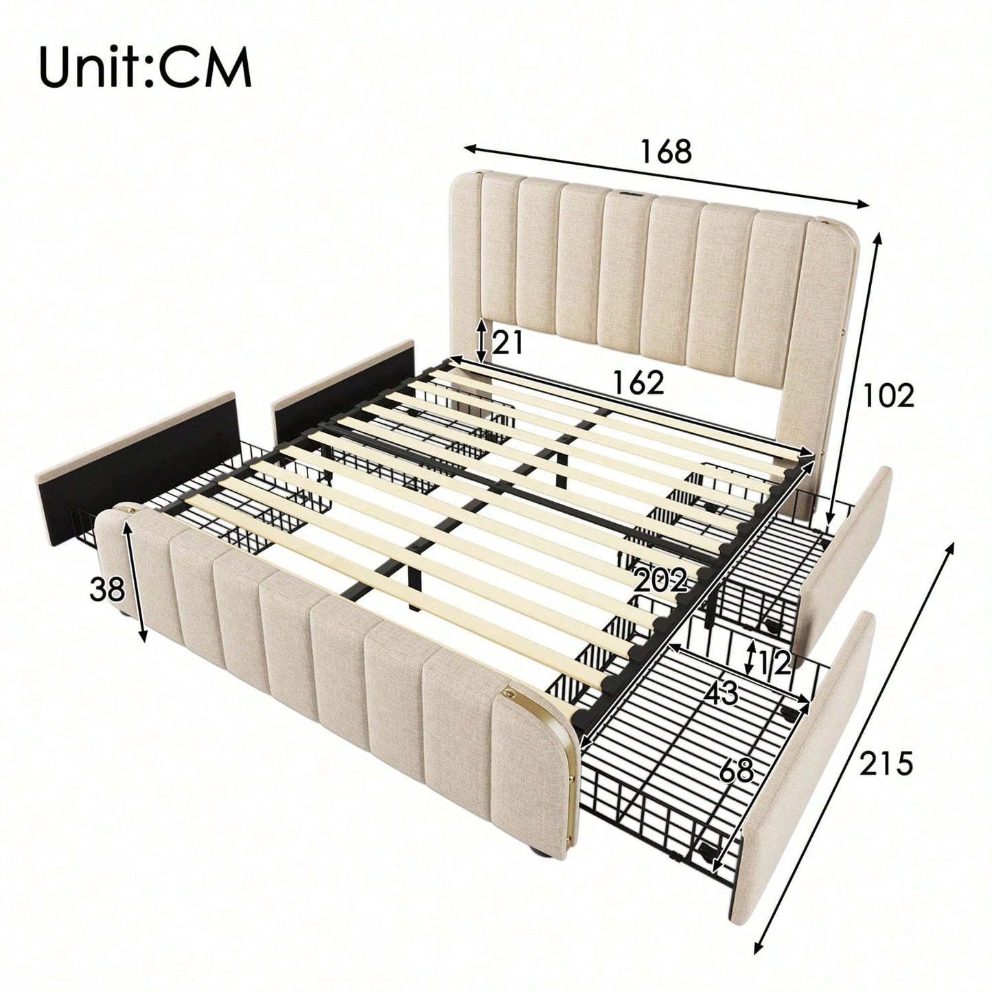 Polsterbett Doppeltes, gepolstertes Kopfteil mit goldenen Zierstreifen und ,USB Typ-C Ladefunktion 160*200 cm, Beige Leinen-Material mit 4 Schubladen ,Belastbarkeit 200 kg