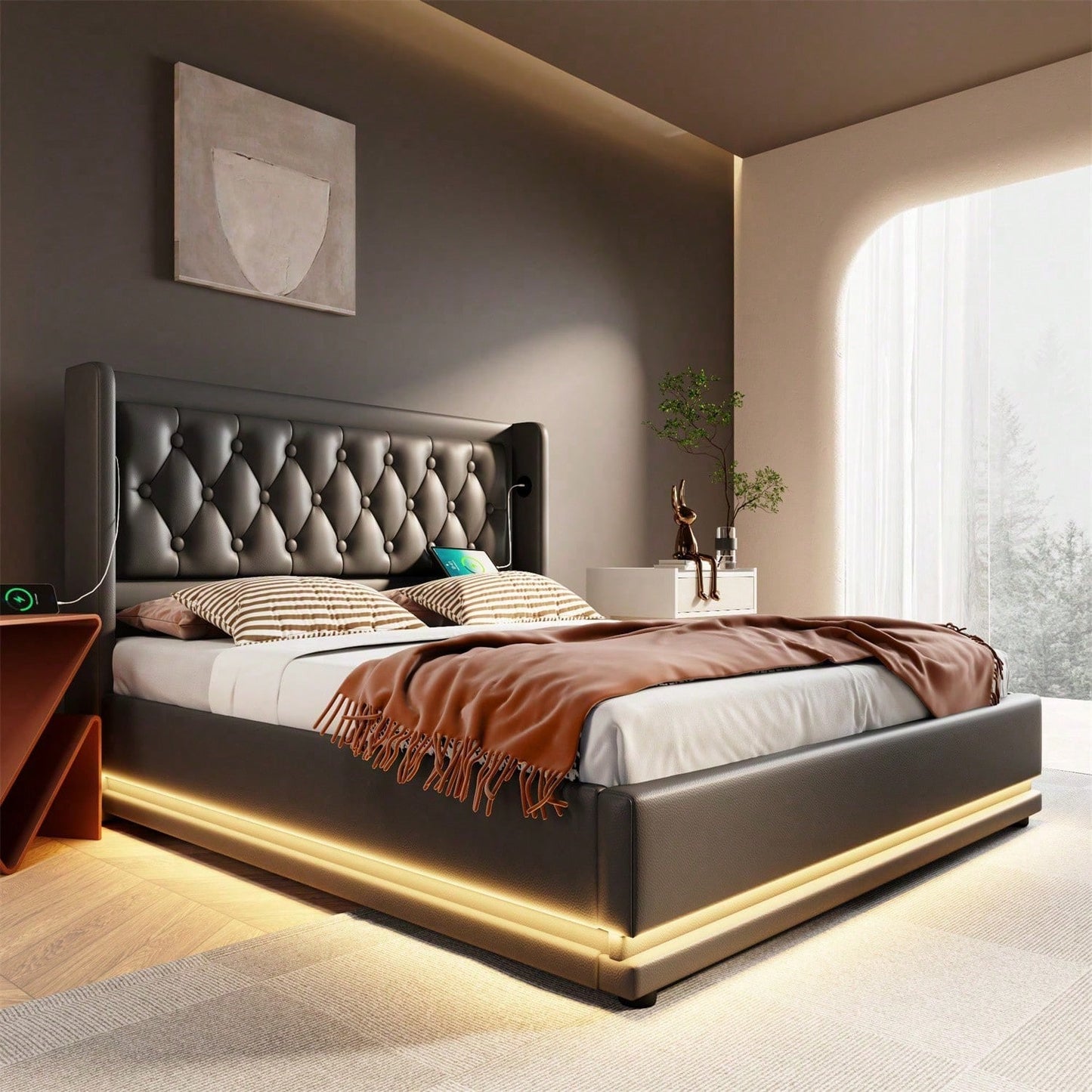 Polsterbett Doppelbett 140*200 cm,Schwarz PU-Material Hydraulisches Stauraumbett, gepolstertes Kopfteil mit USB Typ-C Ladefunktion, 3-seitige LED-Funktion