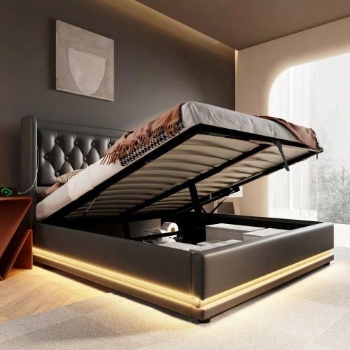 Polsterbett Doppelbett 140*200 cm,Schwarz PU-Material Hydraulisches Stauraumbett, gepolstertes Kopfteil mit USB Typ-C Ladefunktion, 3-seitige LED-Funktion