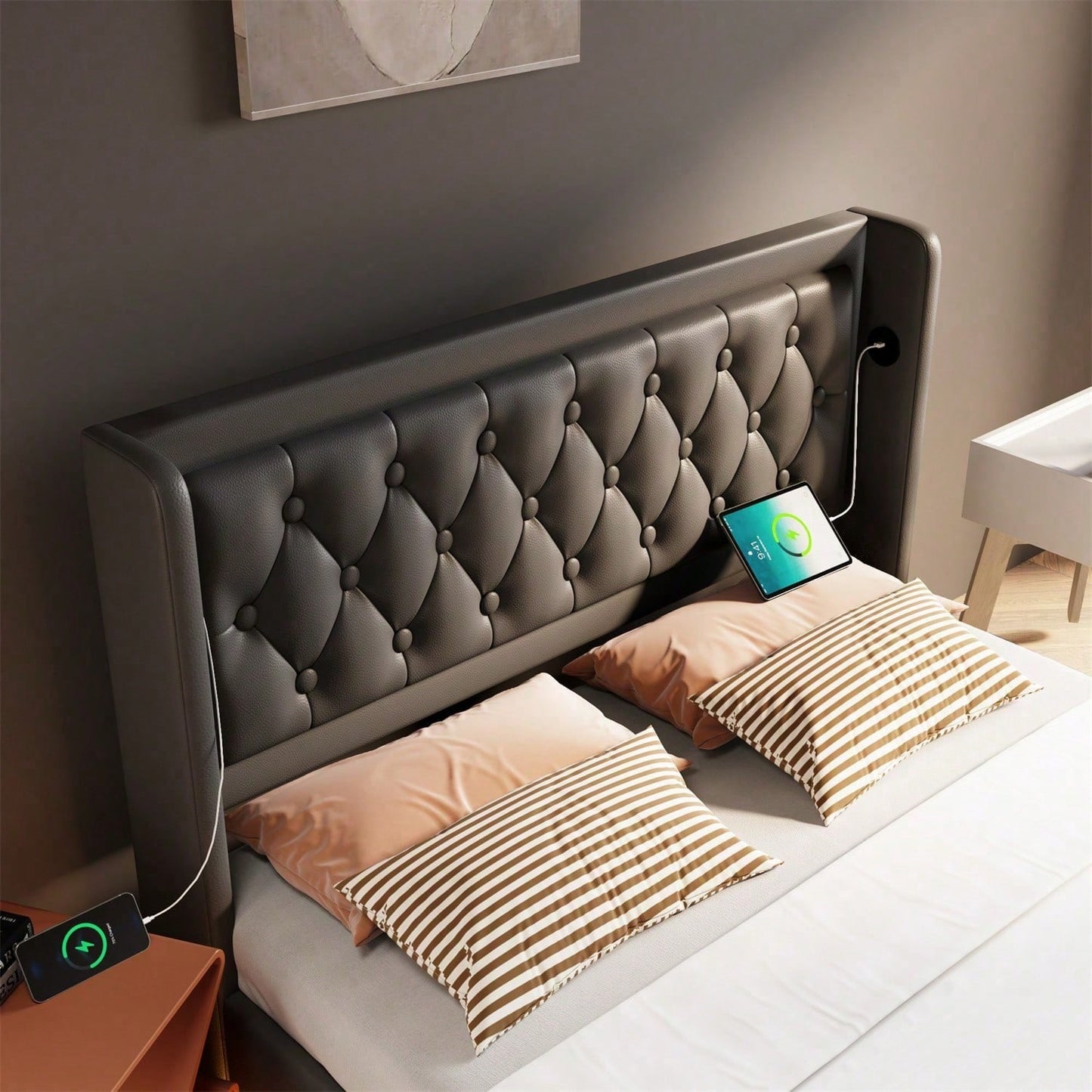 Polsterbett Doppelbett 140*200 cm,Schwarz PU-Material Hydraulisches Stauraumbett, gepolstertes Kopfteil mit USB Typ-C Ladefunktion, 3-seitige LED-Funktion