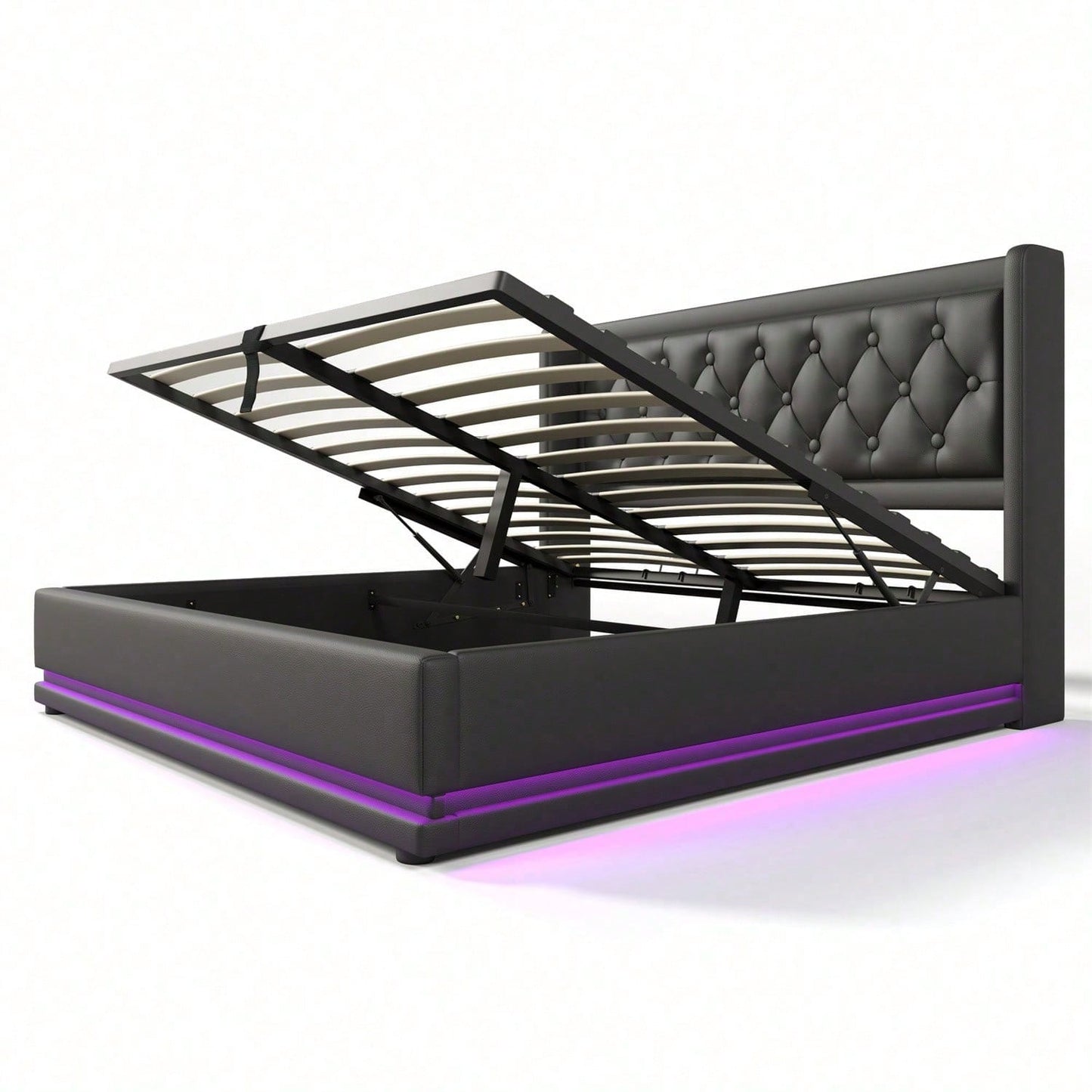 Polsterbett Doppelbett 140*200 cm,Schwarz PU-Material Hydraulisches Stauraumbett, gepolstertes Kopfteil mit USB Typ-C Ladefunktion, 3-seitige LED-Funktion