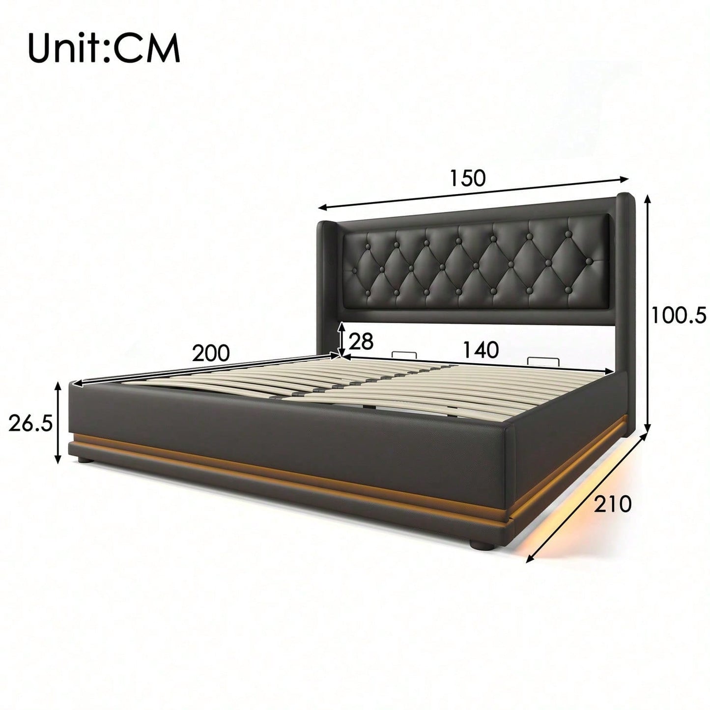 Polsterbett Doppelbett 140*200 cm,Schwarz PU-Material Hydraulisches Stauraumbett, gepolstertes Kopfteil mit USB Typ-C Ladefunktion, 3-seitige LED-Funktion