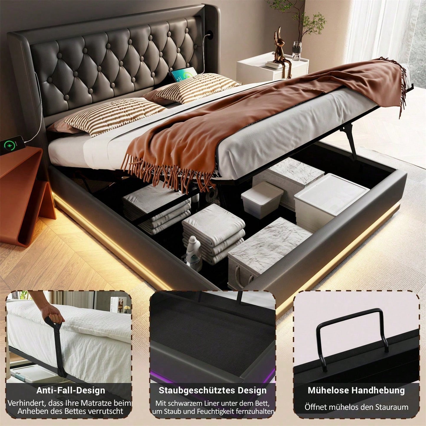 Polsterbett Doppelbett 140*200 cm,Schwarz PU-Material Hydraulisches Stauraumbett, gepolstertes Kopfteil mit USB Typ-C Ladefunktion, 3-seitige LED-Funktion