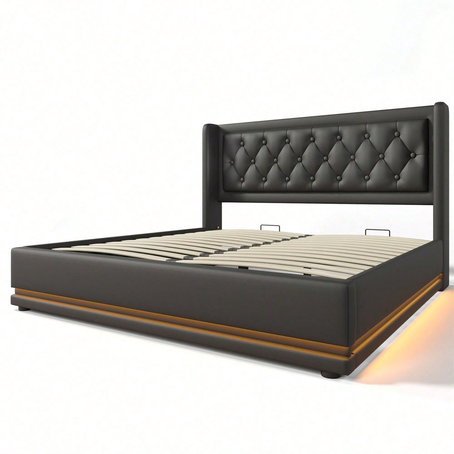 Polsterbett Doppelbett 140*200 cm,Schwarz PU-Material Hydraulisches Stauraumbett, gepolstertes Kopfteil mit USB Typ-C Ladefunktion, 3-seitige LED-Funktion