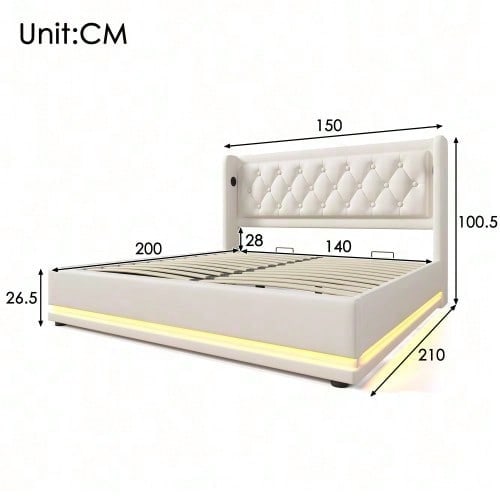 Polsterbett Doppelbett 140*200 cm,Schwarz PU-Material Hydraulisches Stauraumbett, gepolstertes Kopfteil mit USB Typ-C Ladefunktion, 3-seitige LED-Funktion