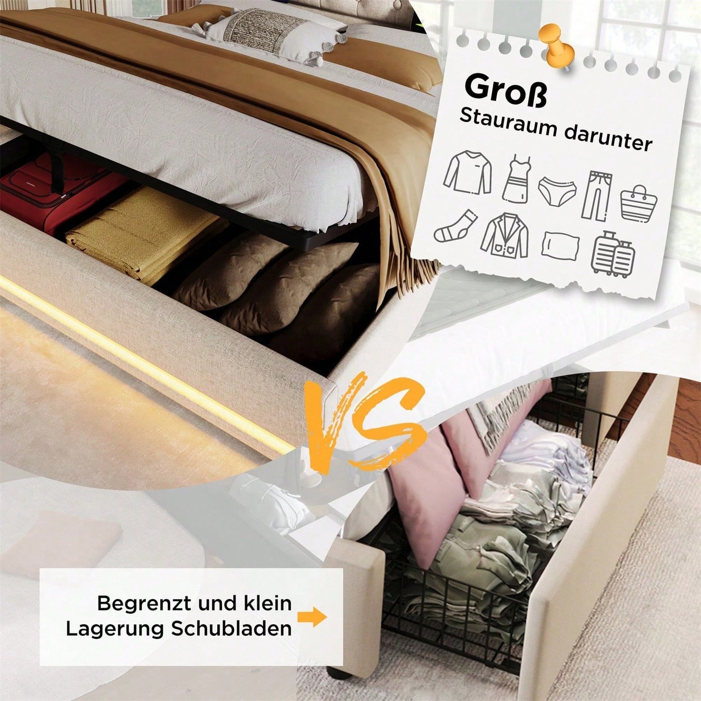 Polsterbett Doppelbett 140*200 cm,Schwarz PU-Material Hydraulisches Stauraumbett, gepolstertes Kopfteil mit USB Typ-C Ladefunktion, 3-seitige LED-Funktion
