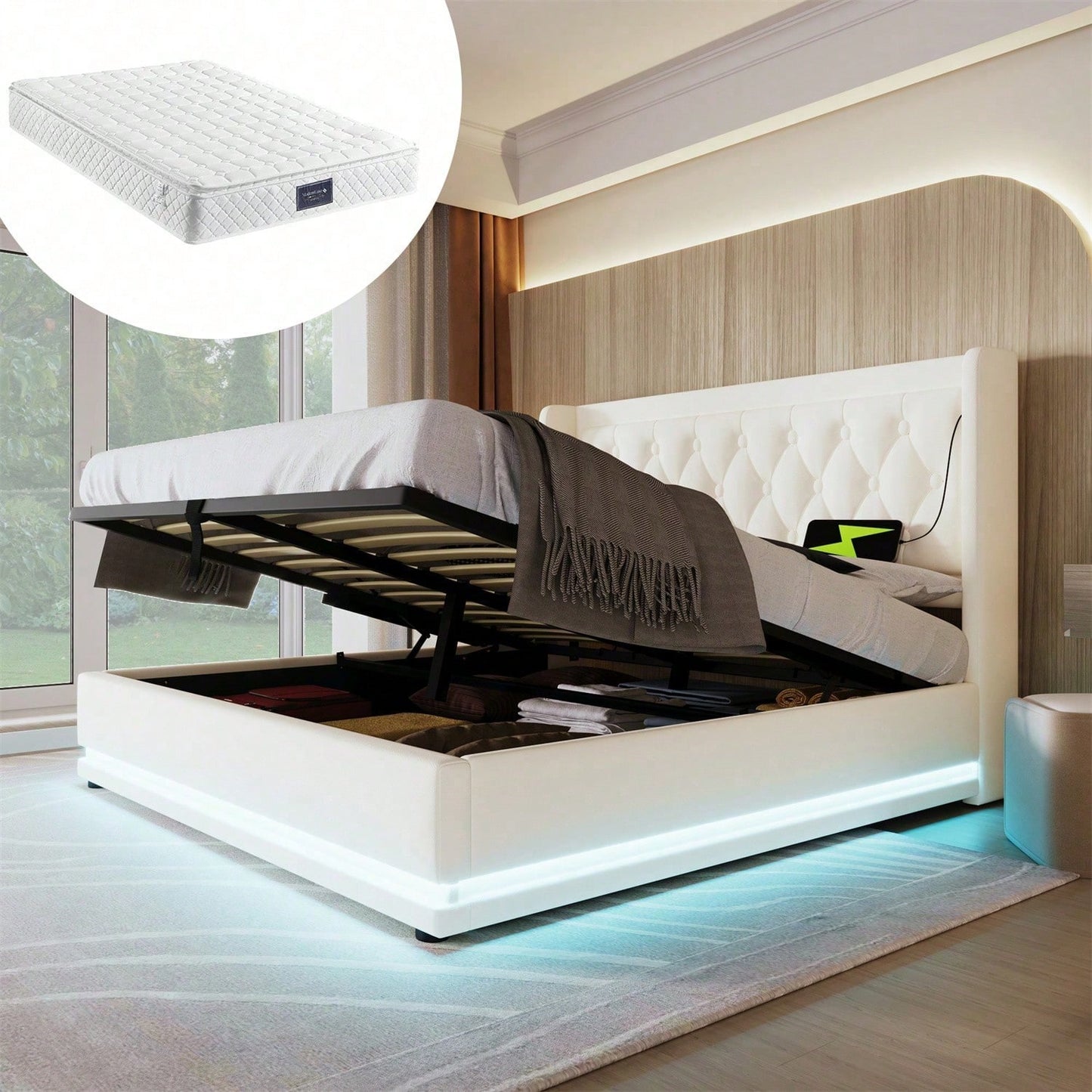 Polsterbett Doppelbett 140*200 cm,Schwarz PU-Material Hydraulisches Stauraumbett, gepolstertes Kopfteil mit USB Typ-C Ladefunktion, 3-seitige LED-Funktion