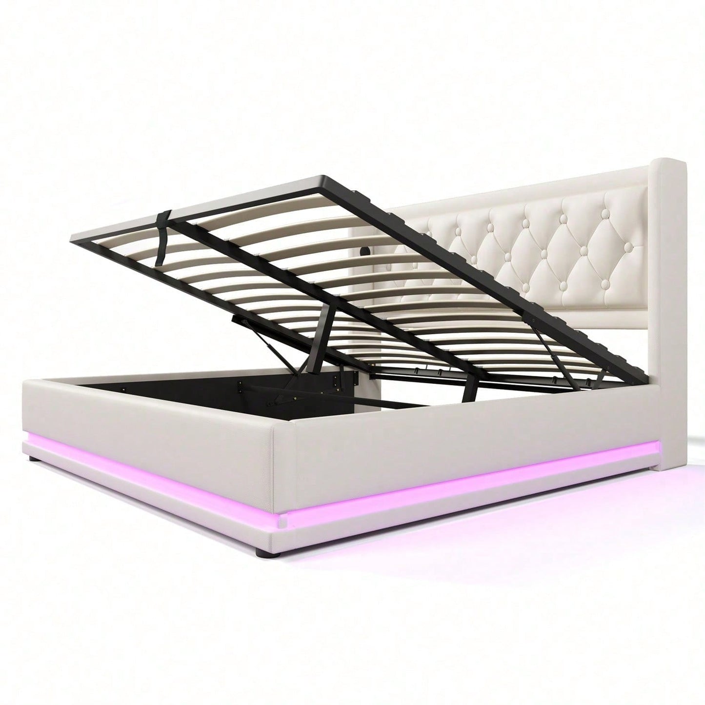 Polsterbett Doppelbett 140*200 cm,Schwarz PU-Material Hydraulisches Stauraumbett, gepolstertes Kopfteil mit USB Typ-C Ladefunktion, 3-seitige LED-Funktion