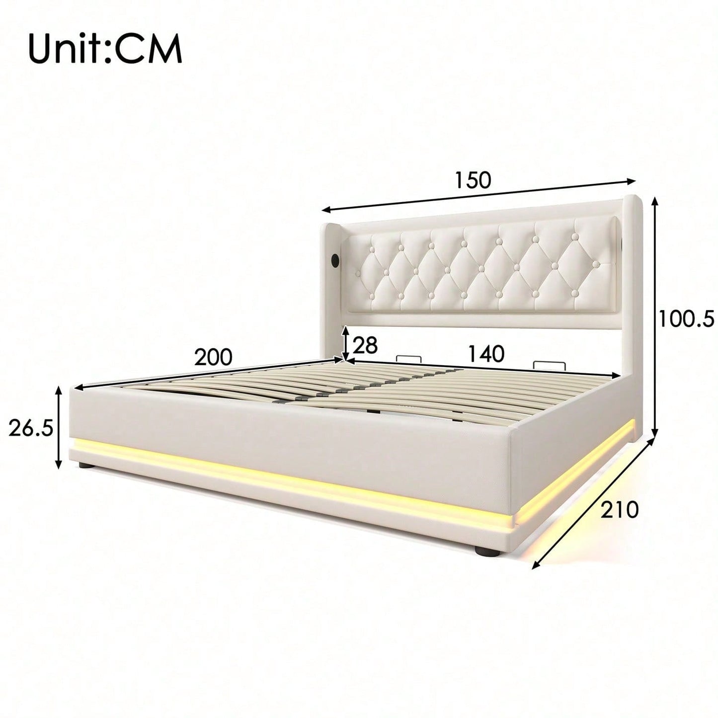 Polsterbett Doppelbett 140*200 cm,Schwarz PU-Material Hydraulisches Stauraumbett, gepolstertes Kopfteil mit USB Typ-C Ladefunktion, 3-seitige LED-Funktion