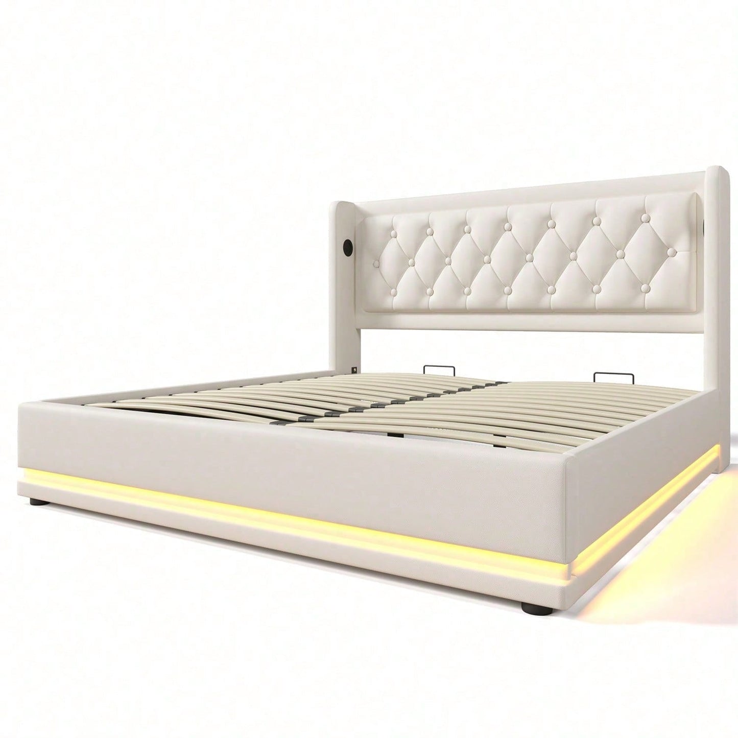Polsterbett Doppelbett 140*200 cm,Schwarz PU-Material Hydraulisches Stauraumbett, gepolstertes Kopfteil mit USB Typ-C Ladefunktion, 3-seitige LED-Funktion