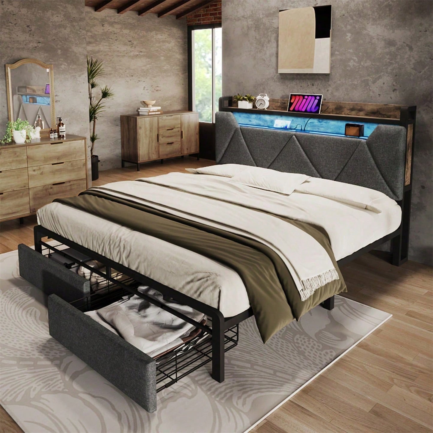 Polsterbett mit USB Typ C Ladefunktion Stauraum-Kopfteil und LED-Beleuchtung und Schubladen, Doppelbett 140x 200 Stauraumbetten Bettgestell mit Lattenrost aus Metallrahmen, Grau