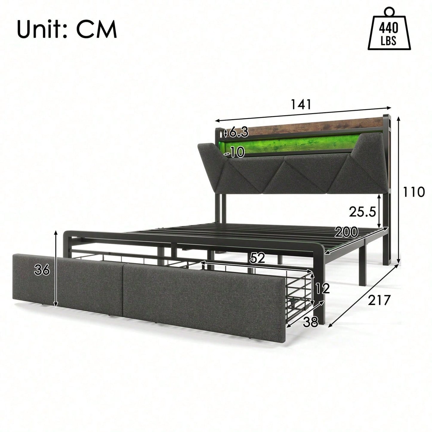 Polsterbett mit USB Typ C Ladefunktion Stauraum-Kopfteil und LED-Beleuchtung und Schubladen, Doppelbett 140x 200 Stauraumbetten Bettgestell mit Lattenrost aus Metallrahmen, Grau
