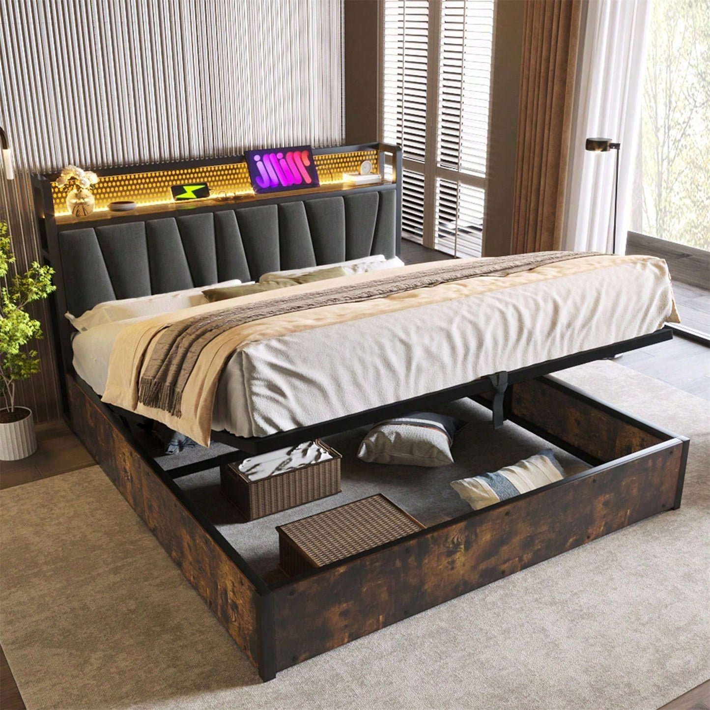Polsterbett Metallbett LED App-Control Doppelbett mit aufladen USB Ladefunktion Kopfteil und LED-Beleuchtung,Metallbett 140x200cm Lattenrost aus Holz, Grau