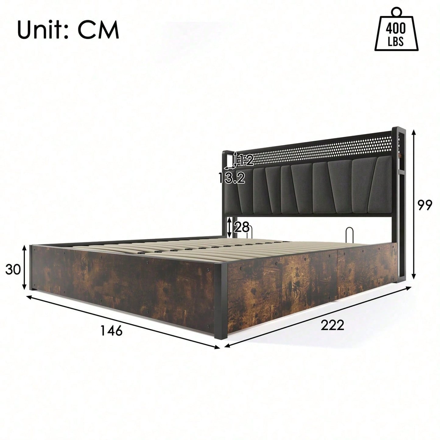 Polsterbett Metallbett LED App-Control Doppelbett mit aufladen USB Ladefunktion Kopfteil und LED-Beleuchtung,Metallbett 140x200cm Lattenrost aus Holz, Grau