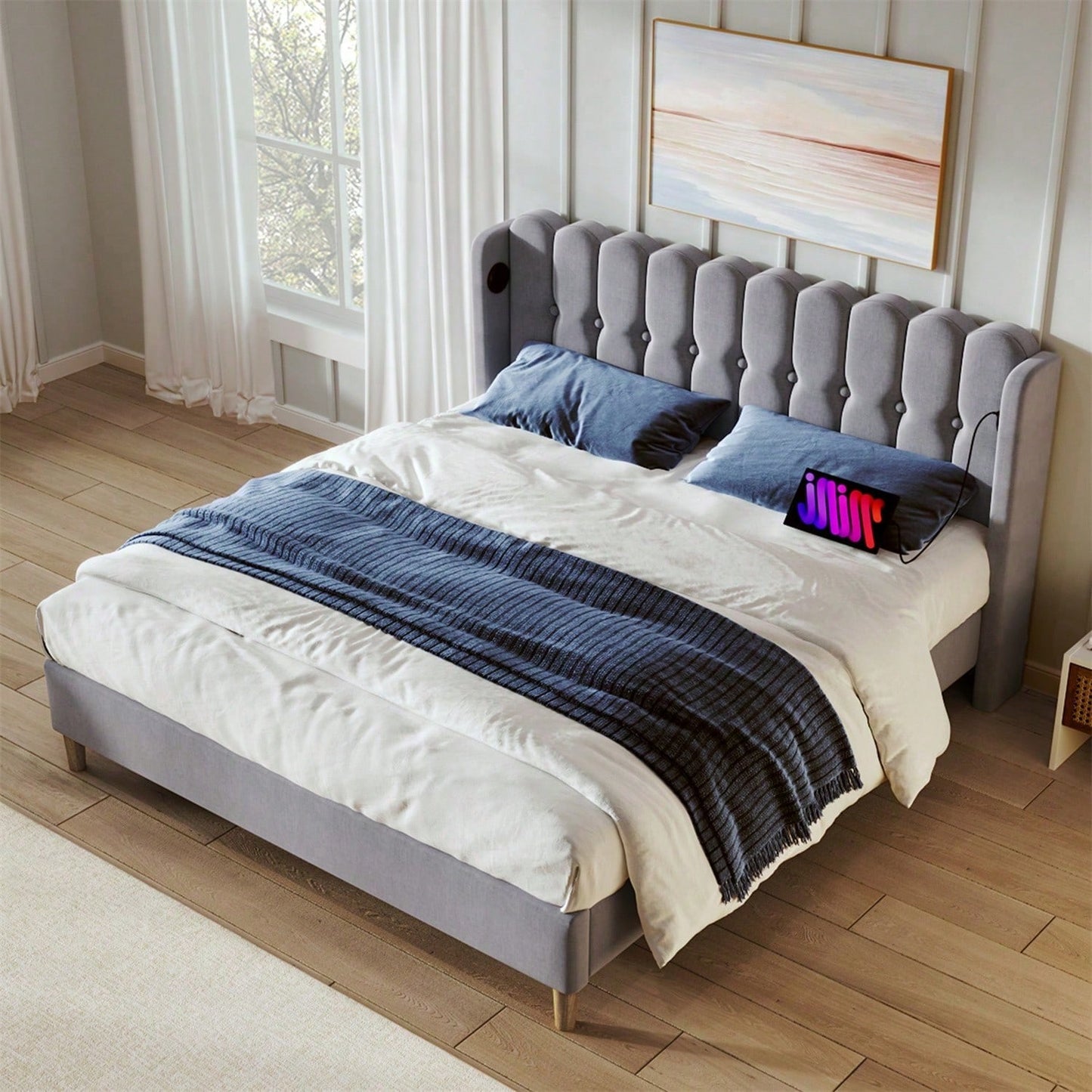 Polsterbett Doppelbett mit USB Typ C Ladefunktion, Bettgestell mit Lattenrost , Gepolstertes bett in Grau,180 x 200 cm Bettrahmen Jugendbett für Schlafzimmer Gästezimmer-Leinenmaterial