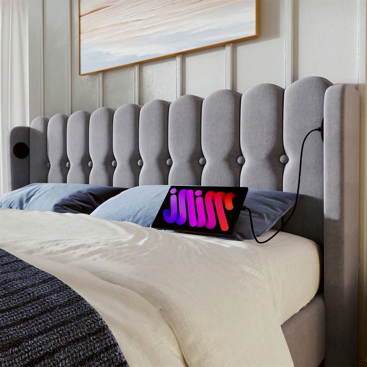 Polsterbett Doppelbett mit USB Typ C Ladefunktion, Bettgestell mit Lattenrost , Gepolstertes bett in Grau,180 x 200 cm Bettrahmen Jugendbett für Schlafzimmer Gästezimmer-Leinenmaterial