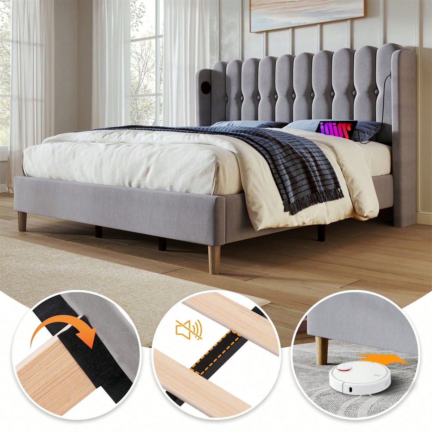 Polsterbett Doppelbett mit USB Typ C Ladefunktion, Bettgestell mit Lattenrost , Gepolstertes bett in Grau,180 x 200 cm Bettrahmen Jugendbett für Schlafzimmer Gästezimmer-Leinenmaterial
