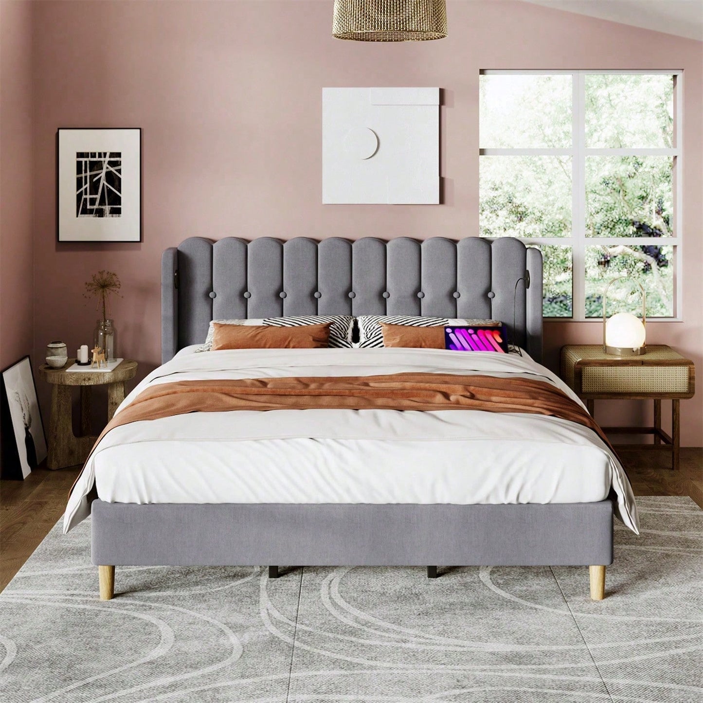 Polsterbett Doppelbett mit USB Typ C Ladefunktion, Bettgestell mit Lattenrost , Gepolstertes bett in Grau,180 x 200 cm Bettrahmen Jugendbett für Schlafzimmer Gästezimmer-Leinenmaterial