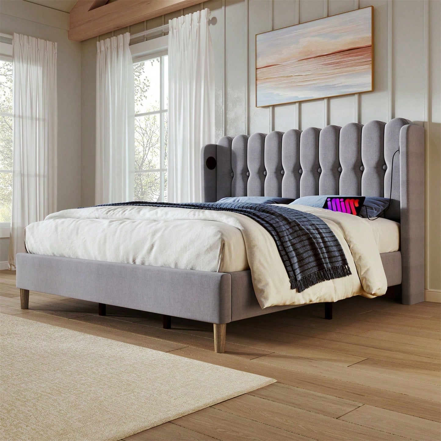 Polsterbett Doppelbett mit USB Typ C Ladefunktion, Bettgestell mit Lattenrost , Gepolstertes bett in Grau,180 x 200 cm Bettrahmen Jugendbett für Schlafzimmer Gästezimmer-Leinenmaterial