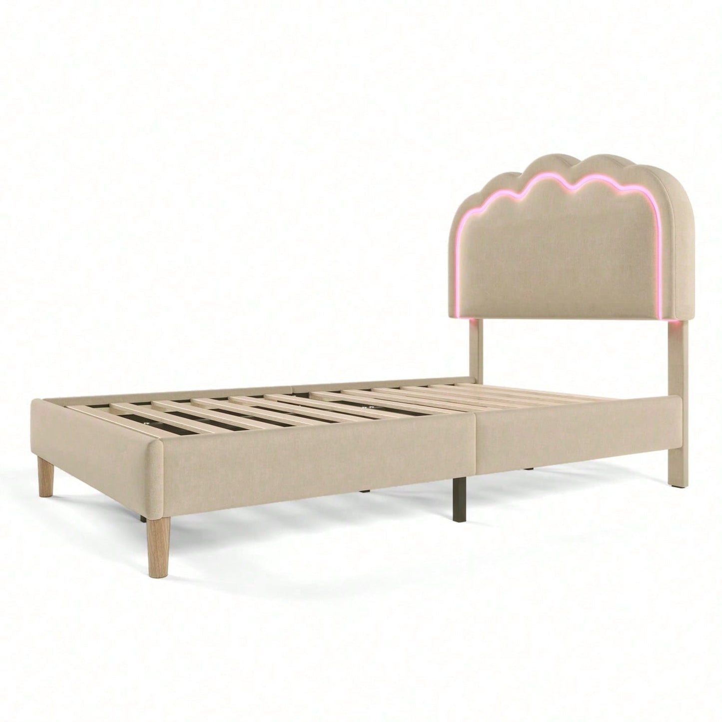 Polsterbett LED Einzelbett 90 x 200cm, Bettgestell mit Lattenrost und Verstellbares Kopfteil, Gepolstertes bett in Rosa,Bettrahmen Jugendbett für Schlafzimmer Gästezimmer-Samt