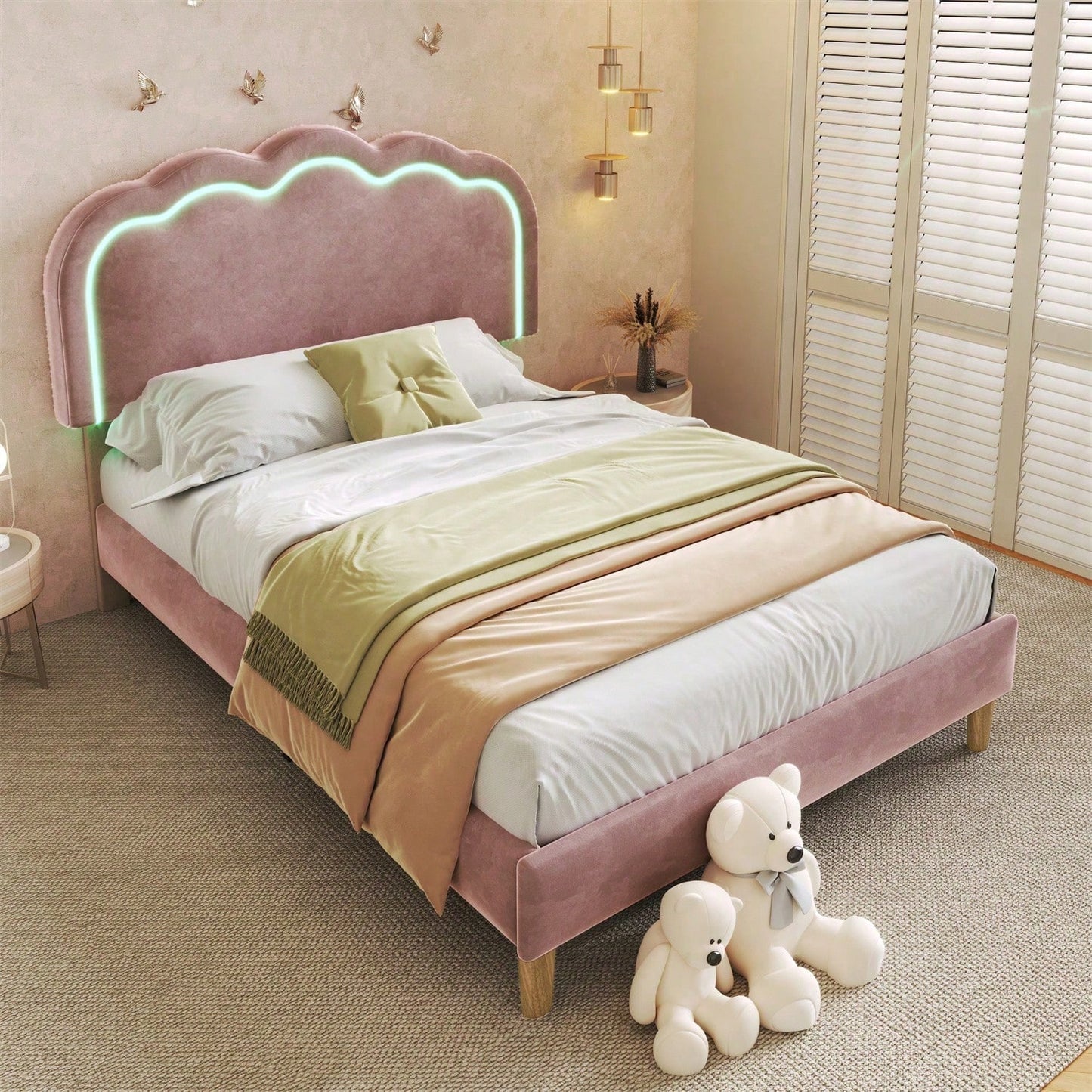 Polsterbett LED Einzelbett 90 x 200cm, Bettgestell mit Lattenrost und Verstellbares Kopfteil, Gepolstertes bett in Rosa,Bettrahmen Jugendbett für Schlafzimmer Gästezimmer-Samt