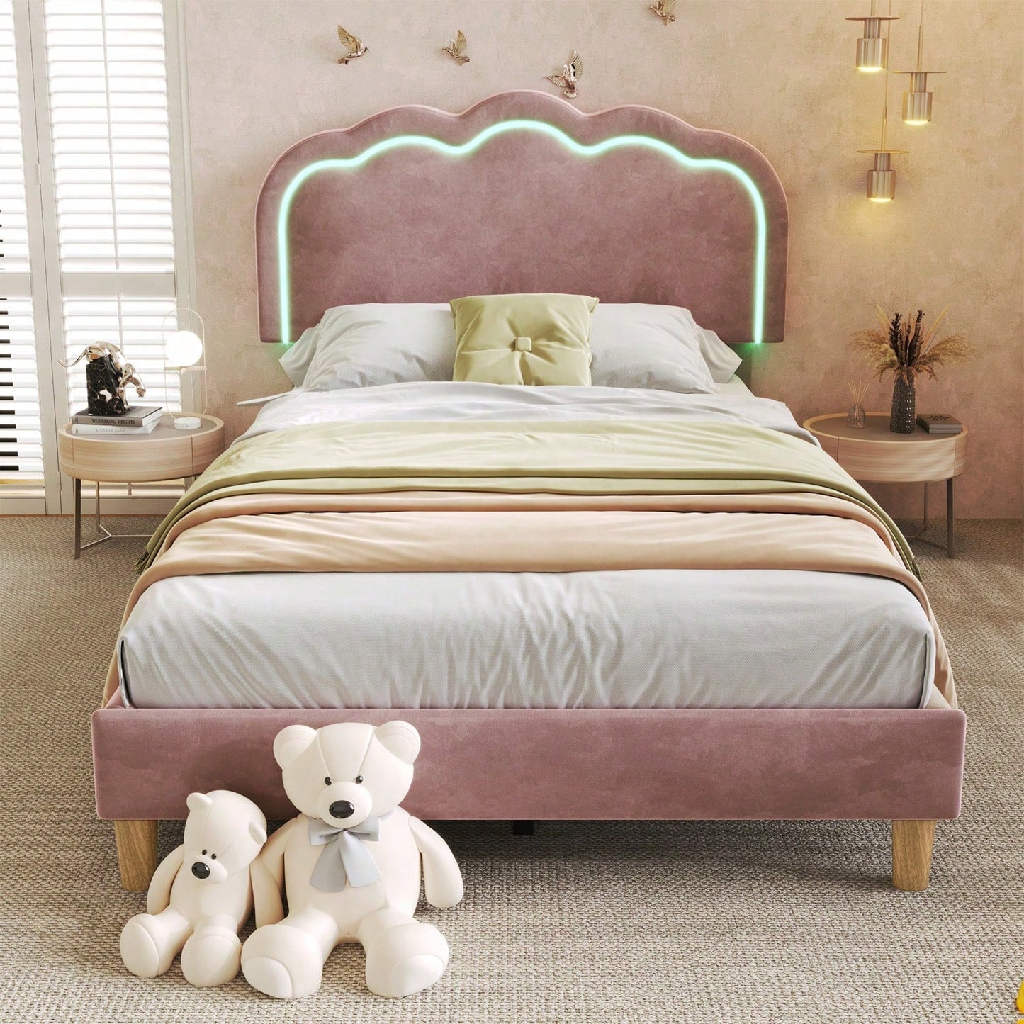 Polsterbett LED Einzelbett 90 x 200cm, Bettgestell mit Lattenrost und Verstellbares Kopfteil, Gepolstertes bett in Rosa,Bettrahmen Jugendbett für Schlafzimmer Gästezimmer-Samt