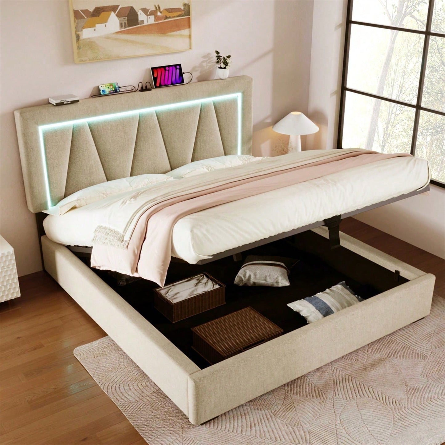 Polsterbett LED Doppelbett mit USB Typ C Ladefunktion und LED-Beleuchtung,Stauraumbetten Bettgestell aus Leinenmaterial Jugendbett 160x200 mit lattenrost