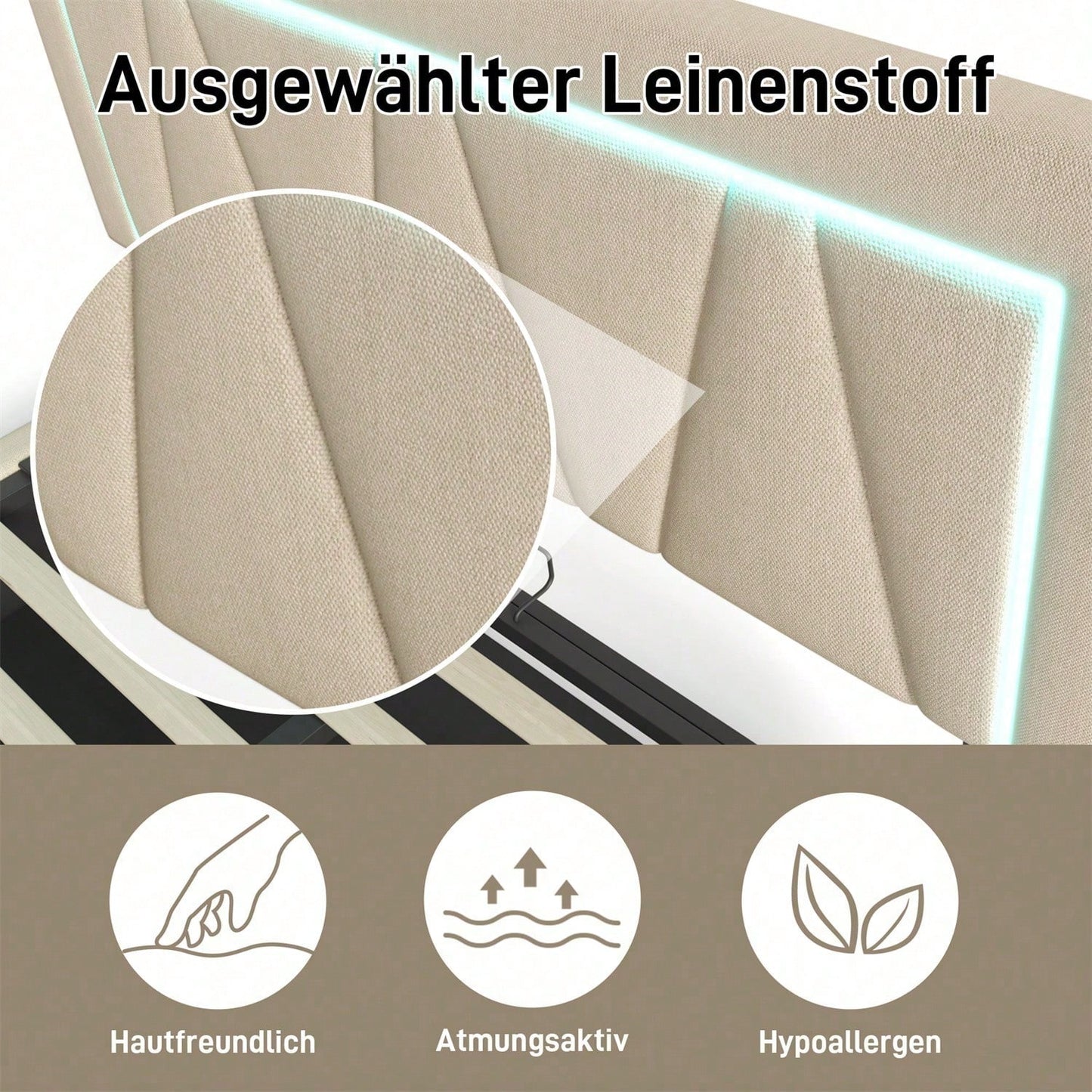 Polsterbett LED Doppelbett mit USB Typ C Ladefunktion und LED-Beleuchtung,Stauraumbetten Bettgestell aus Leinenmaterial Jugendbett 160x200 mit lattenrost