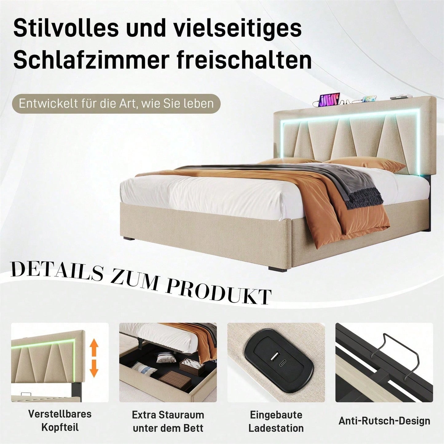 Polsterbett LED Doppelbett mit USB Typ C Ladefunktion und LED-Beleuchtung,Stauraumbetten Bettgestell aus Leinenmaterial Jugendbett 160x200 mit lattenrost