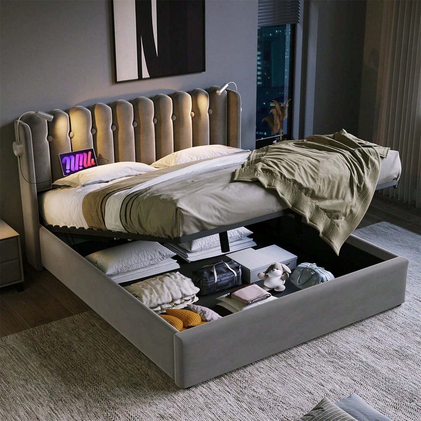 Polsterbett Doppelbett Leselicht mit Ladefunktion Kopfteil Stauraum Bettgestell Samt Jugendbett 140x200 mit lattenrost,Grau