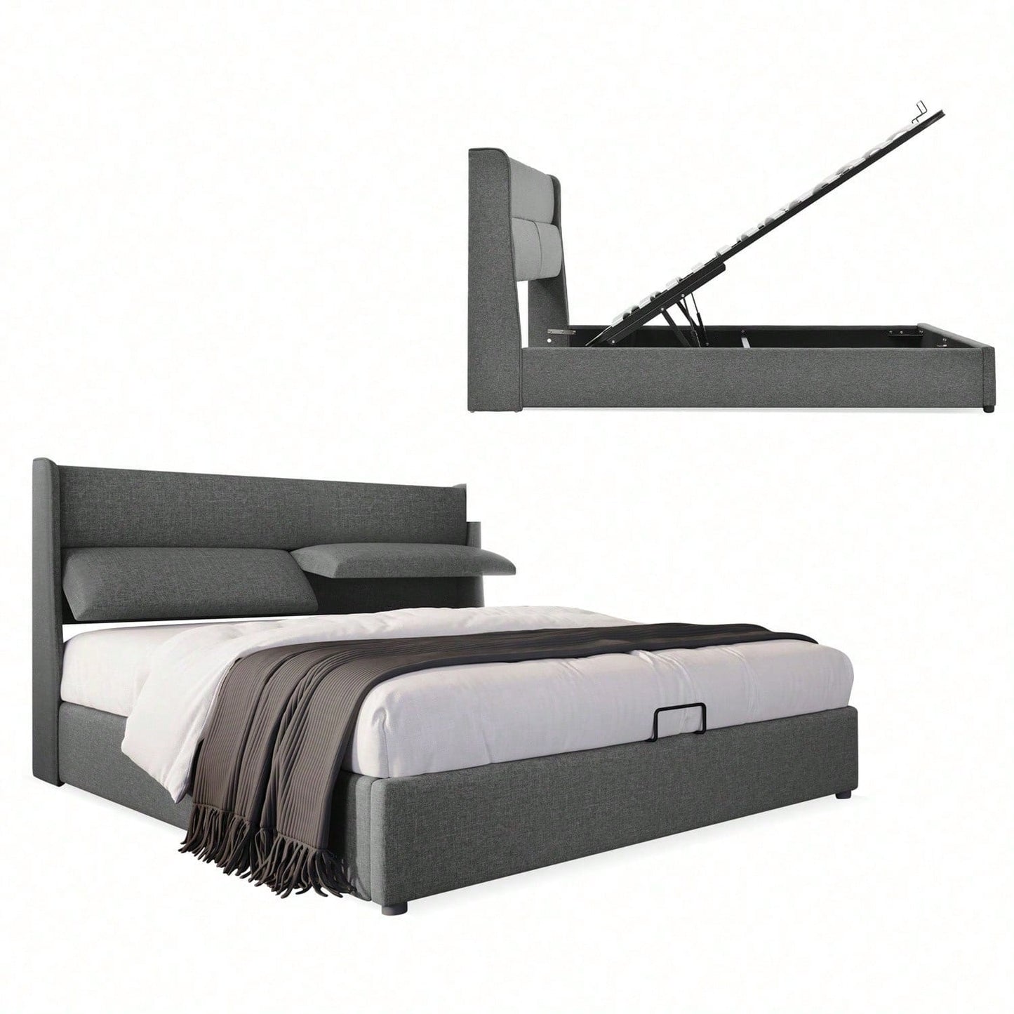 Polsterbett Doppelbett mit Verstellbare Kopfstützen,Stauraumbetten Bettgestell aus Leinenmaterial Jugendbett 160x200 mit lattenrost
