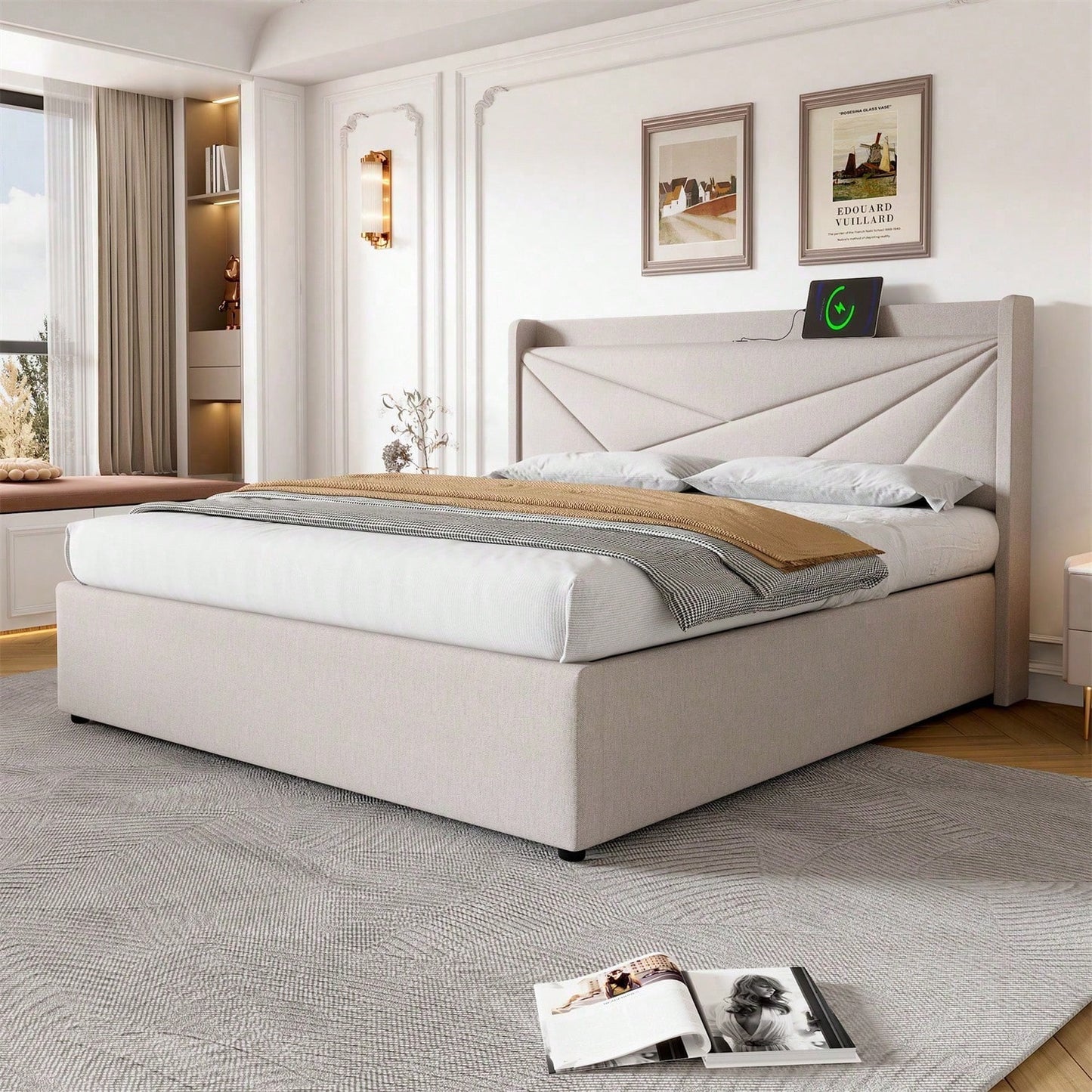 Polsterbett Doppelbett Stauraum Bettkasten mit USB Typ C Ladefunktion Kopfteil,ohne Matratze, Stauraumbetten Bettgestell aus Leinenmaterial Jugendbett 160x200 mit lattenrost