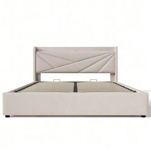 Polsterbett Doppelbett Stauraum Bettkasten mit USB Typ C Ladefunktion Kopfteil,ohne Matratze, Stauraumbetten Bettgestell aus Leinenmaterial Jugendbett 160x200 mit lattenrost