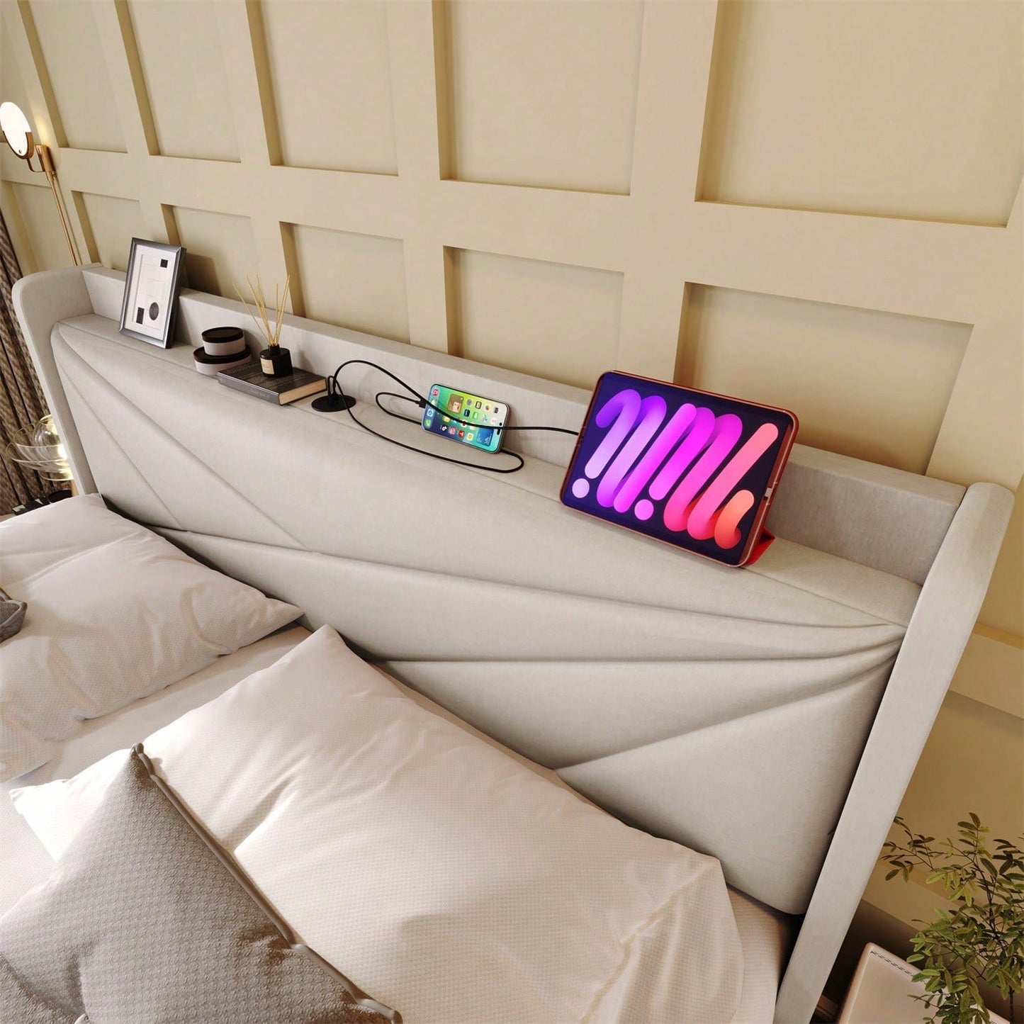 Polsterbett Doppelbett Stauraum Bettkasten mit USB Typ C Ladefunktion Kopfteil,ohne Matratze, Stauraumbetten Bettgestell aus Leinenmaterial Jugendbett 160x200 mit lattenrost