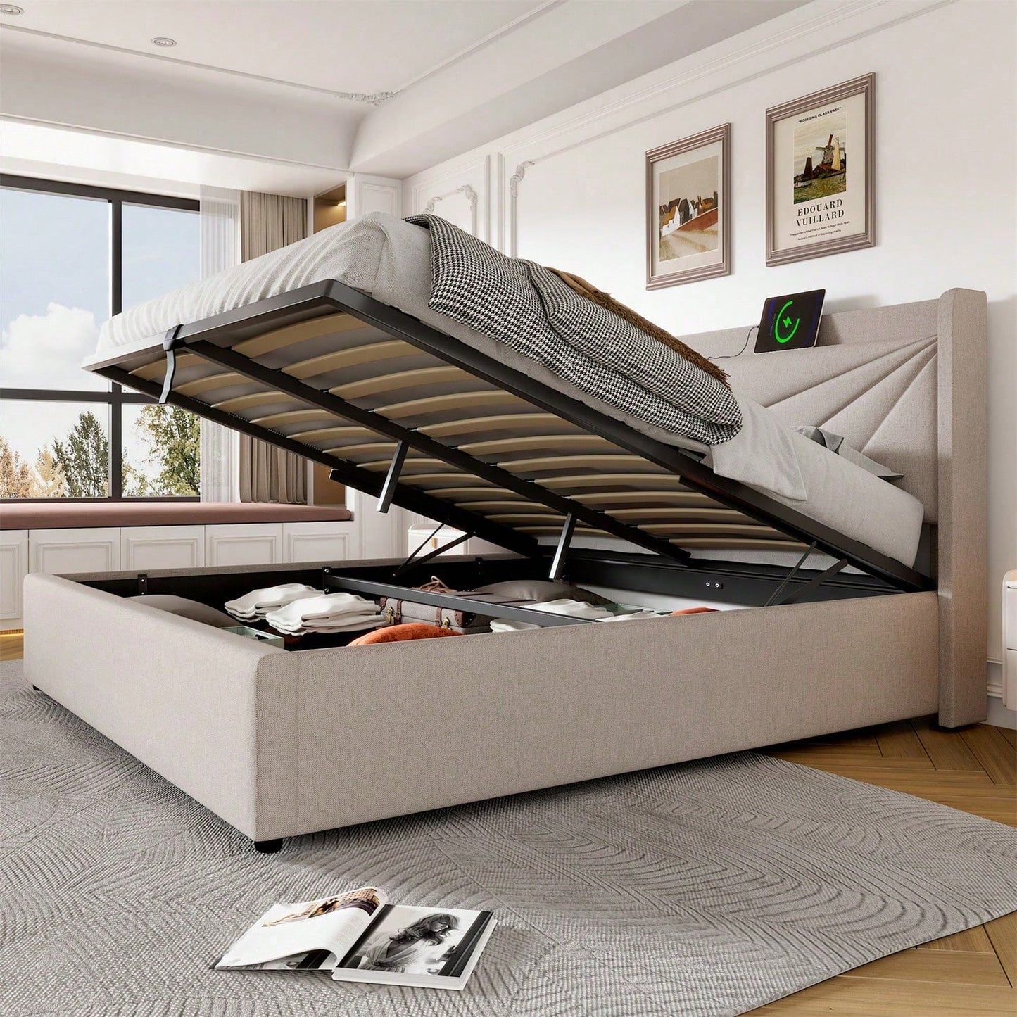 Polsterbett Doppelbett Stauraum Bettkasten mit USB Typ C Ladefunktion Kopfteil,ohne Matratze, Stauraumbetten Bettgestell aus Leinenmaterial Jugendbett 160x200 mit lattenrost
