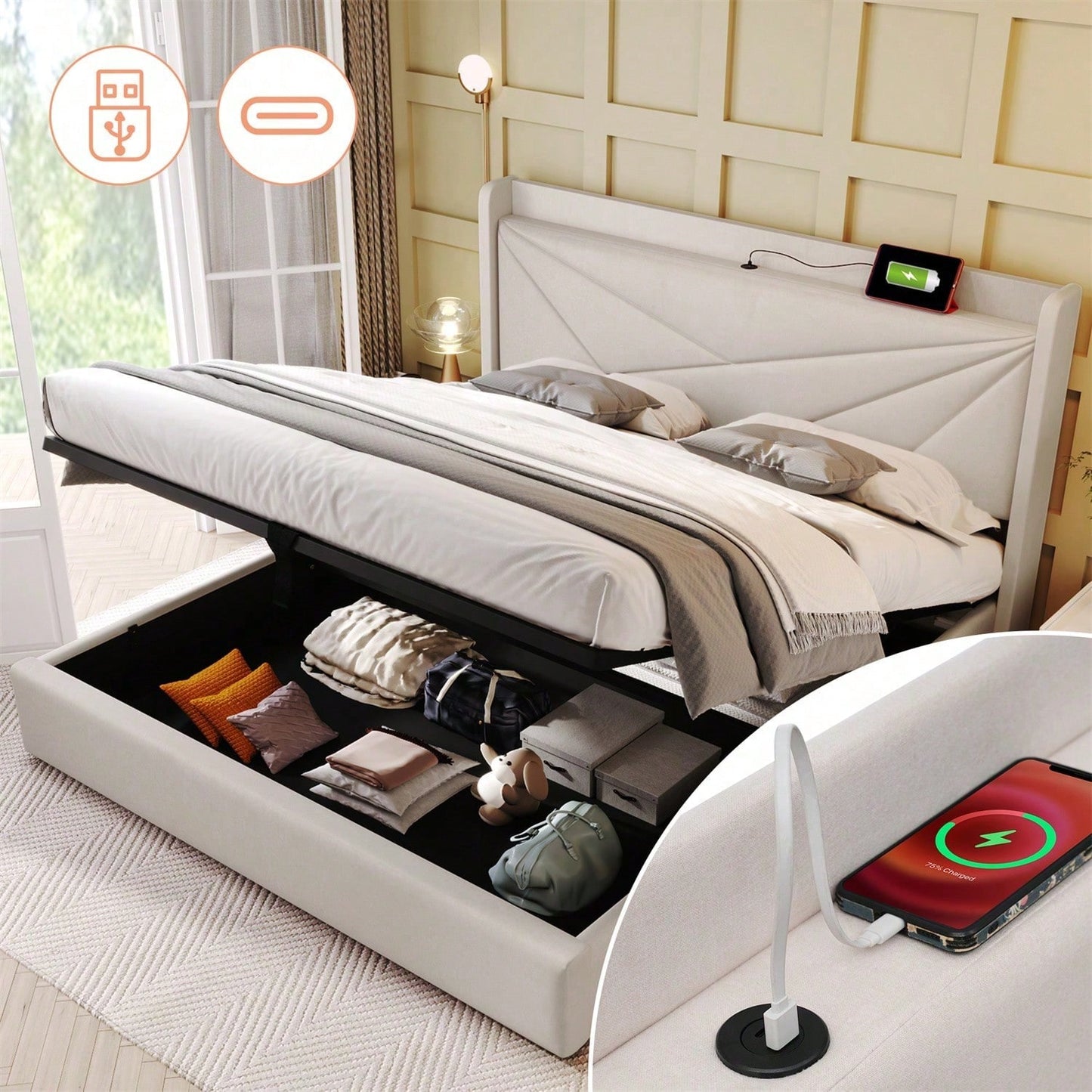 Polsterbett Doppelbett Stauraum Bettkasten mit USB Typ C Ladefunktion Kopfteil,ohne Matratze, Stauraumbetten Bettgestell aus Leinenmaterial Jugendbett 160x200 mit lattenrost