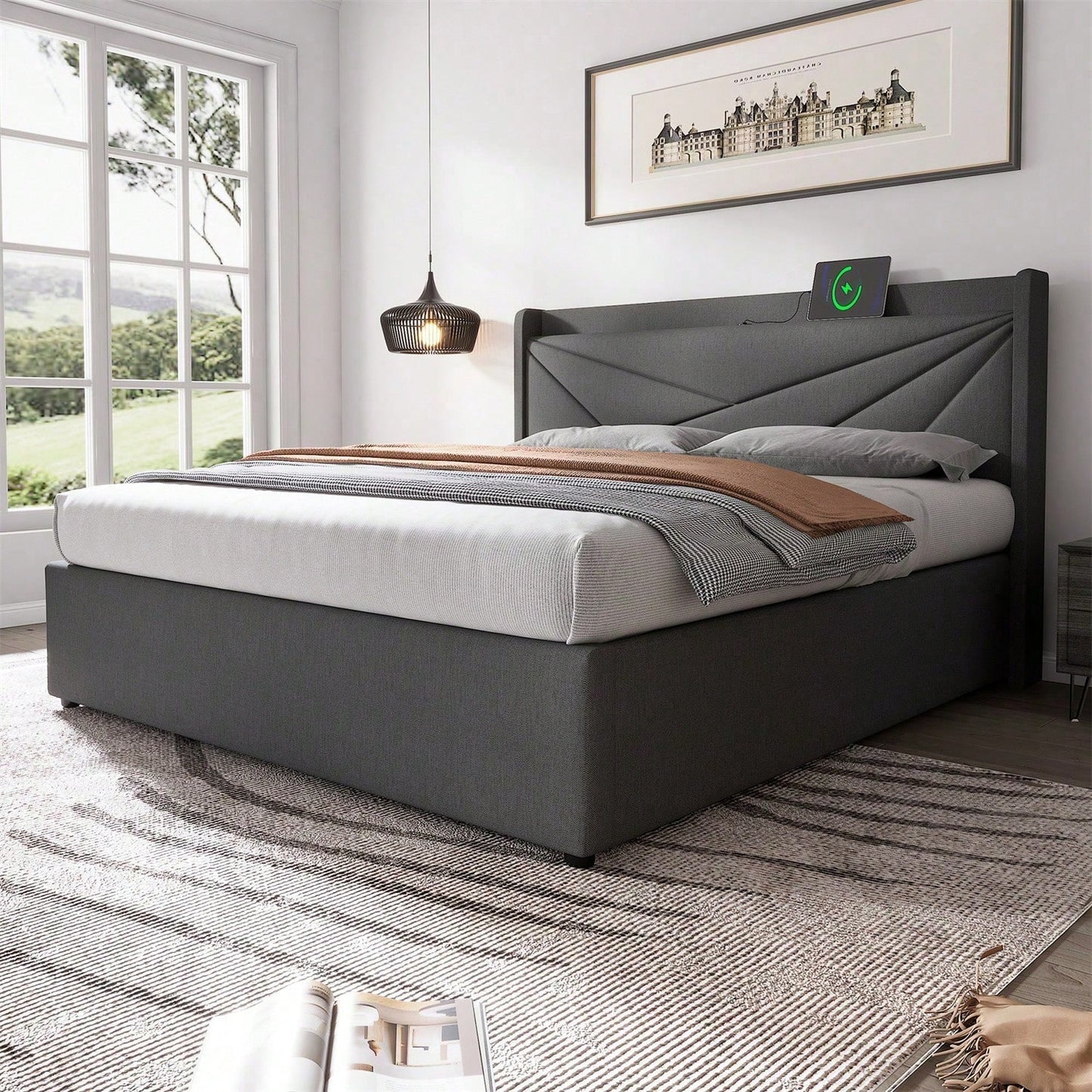 Polsterbett Doppelbett Stauraum Bettkasten mit USB Typ C Ladefunktion Kopfteil,ohne Matratze, Stauraumbetten Bettgestell aus Leinenmaterial Jugendbett 160x200 mit lattenrost