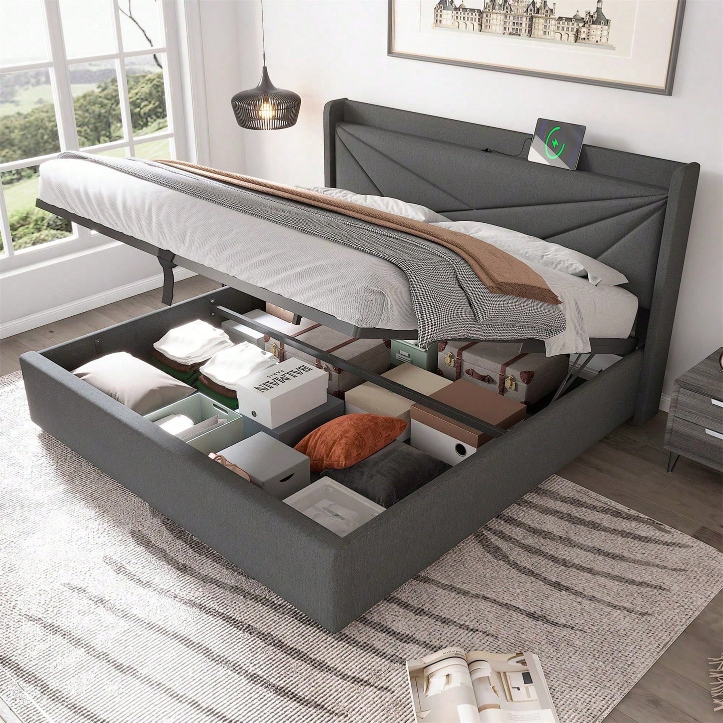 Polsterbett Doppelbett Stauraum Bettkasten mit USB Typ C Ladefunktion Kopfteil,ohne Matratze, Stauraumbetten Bettgestell aus Leinenmaterial Jugendbett 160x200 mit lattenrost